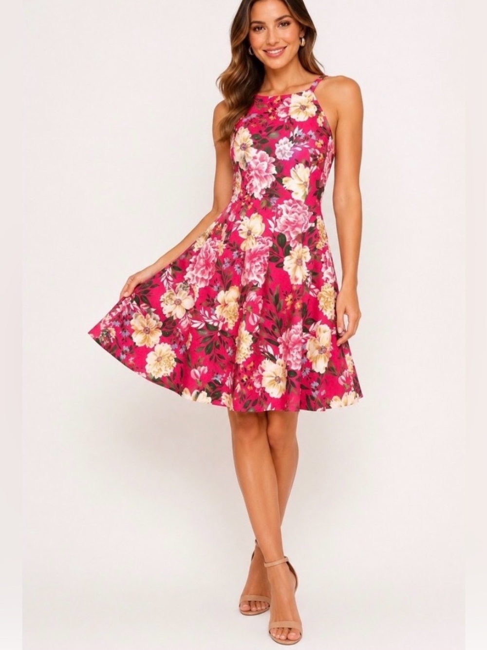 Vince Camuto Pink Floral Fir & Flare Dress 4 Halter Sleeveless Cocktail Party